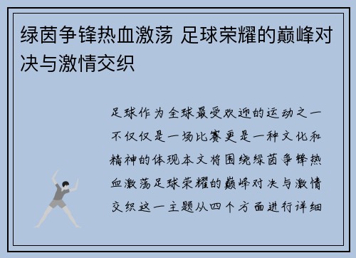 绿茵争锋热血激荡 足球荣耀的巅峰对决与激情交织